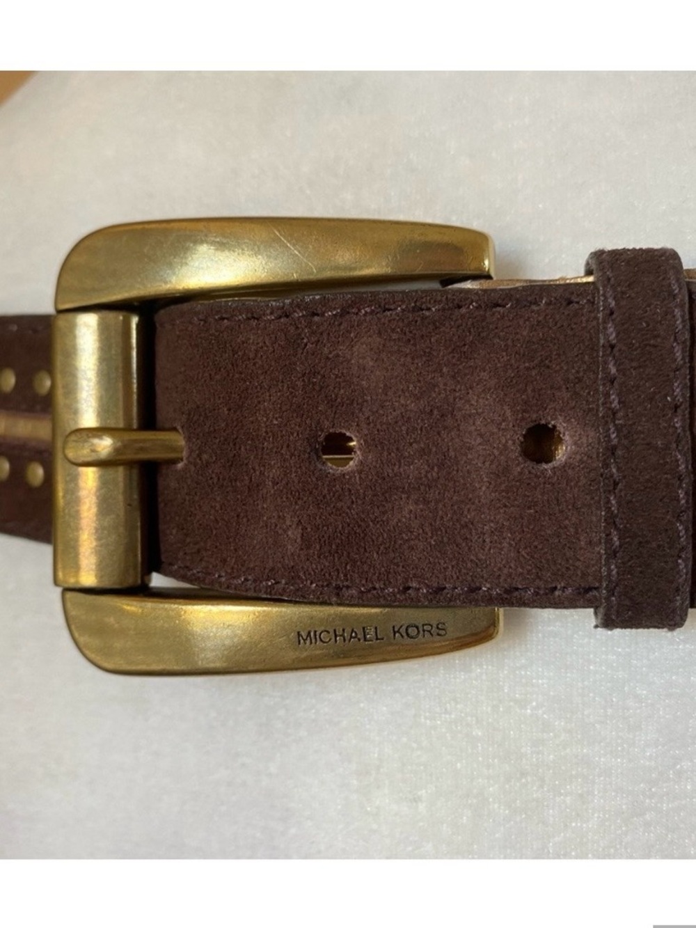 Michael Kors Brown Suede Belt with Brass Buckle and Studs Unisex - Picture 2 of 7